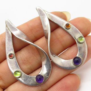 Vtg 925 Sterling Silver Multi - Color Gemstone Large Modernist Teardrop Earrings