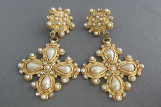 Vintage Jacky De G.  Paris Gold Tone Faux Pearl Maltese Cross Clipback Earrings