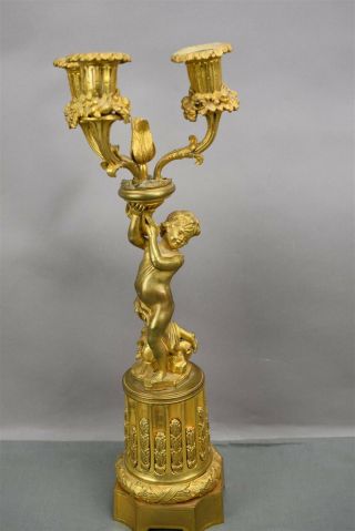 Antique Gold Brass Bronze French Ormolu Cherub Candelabra Pair Ornate 3 arm 2