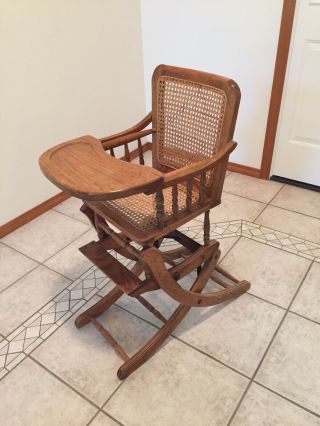 Adjustable Vintage Antique High Chair Changes To Rocker Caned Back And Seat