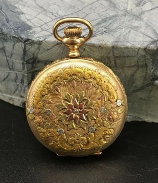 Antique Waltham Pocketwatch 14k Diamond 4 Color Green,  Yellow,  Rose & White Gold