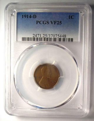 1914 - D Lincoln Wheat Cent 1C - PCGS VF25 (Very Fine) - Rare Key Date Penny 2