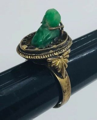 Antique Chinese Sterling Silver Green Jade Buddha Filigree Adjustable Ring