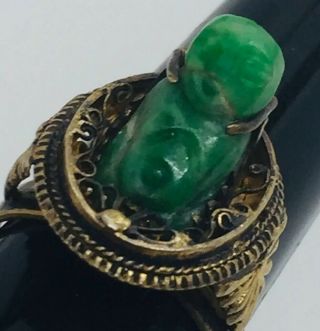 Antique Chinese Sterling Silver Green Jade Buddha Filigree Adjustable Ring 2