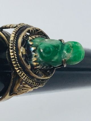 Antique Chinese Sterling Silver Green Jade Buddha Filigree Adjustable Ring 6