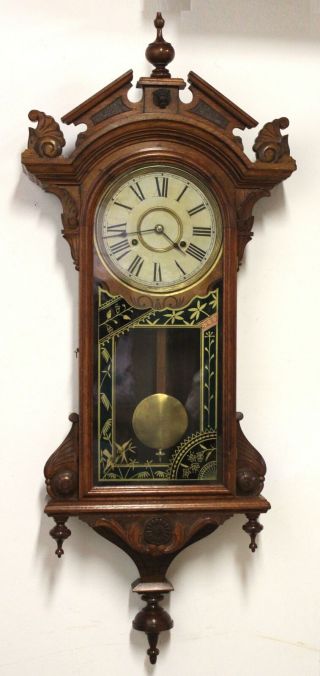 Antique Victorian Haven Carved Walnut Wood Wall Clock Reverse Painted Glass