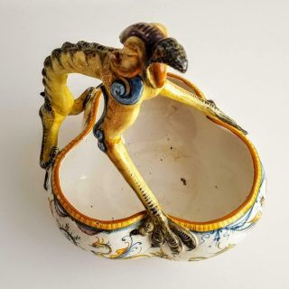 Rare Antique Cantagalli Majolica Trefoil Grotesque Bird Art Pottery Bowl Figure 11