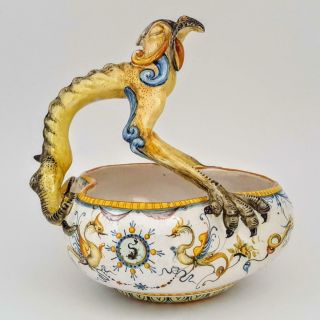 Rare Antique Cantagalli Majolica Trefoil Grotesque Bird Art Pottery Bowl Figure 12