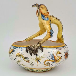 Rare Antique Cantagalli Majolica Trefoil Grotesque Bird Art Pottery Bowl Figure
