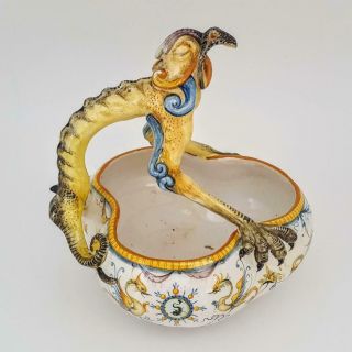 Rare Antique Cantagalli Majolica Trefoil Grotesque Bird Art Pottery Bowl Figure 2