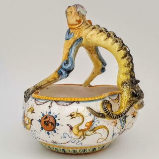 Rare Antique Cantagalli Majolica Trefoil Grotesque Bird Art Pottery Bowl Figure 3