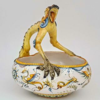 Rare Antique Cantagalli Majolica Trefoil Grotesque Bird Art Pottery Bowl Figure 4