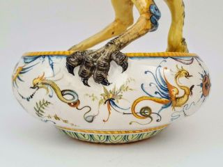 Rare Antique Cantagalli Majolica Trefoil Grotesque Bird Art Pottery Bowl Figure 5