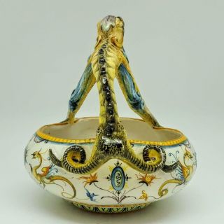 Rare Antique Cantagalli Majolica Trefoil Grotesque Bird Art Pottery Bowl Figure 7