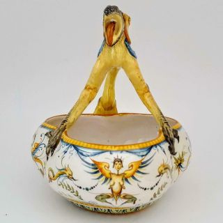 Rare Antique Cantagalli Majolica Trefoil Grotesque Bird Art Pottery Bowl Figure 8