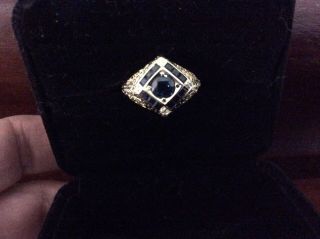 Vintage Art Deco 14k Yellow Gold Blue Sapphire Lab Cz Engagement Ring Filigree