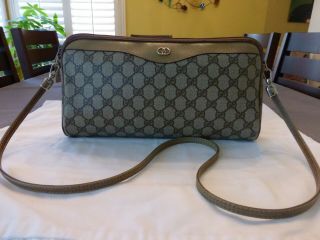 Vintage Rare Gucci Brown Tan Coated Canvas Gg Leather Crossbody Clutch Bag Purse