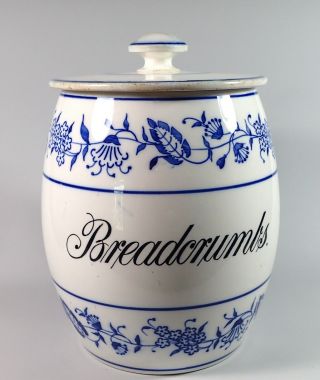 Huge German Flow Blue Porcelain " Breadcrumbs " Onion Pattern Kitchen Spice Jar