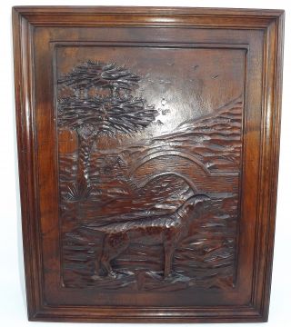 French Black Forest Hand Carved Wood Wall Panel Dog Hunt Theme N°1
