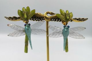 Rare French Vintage Signed Cilea Paris Dragonfly Dangling Clip On Earrings