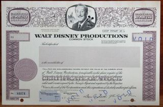 Vintage - Walt Disney Productions,  Common Stock Certificate,  Canceled 89274
