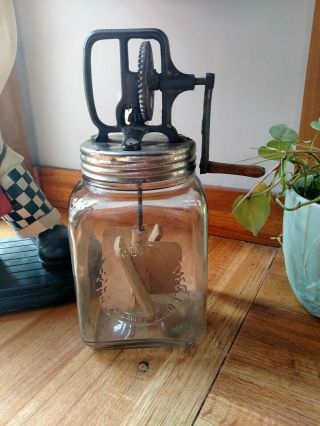 Vintage 4 Quart Dazey Butter Churn Glass Jar Cast Iron Churn Wood Paddles No 40