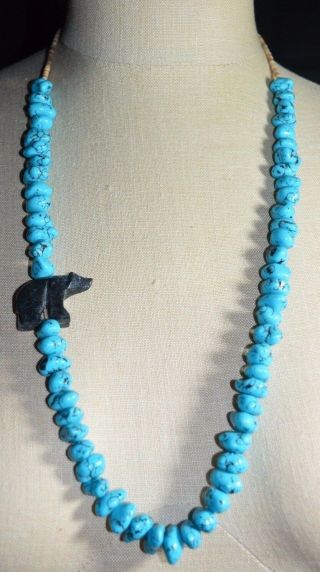 Vtg Silver Tone Blue Turquoise Polished Bead Shell Carved Bear Necklace 103g