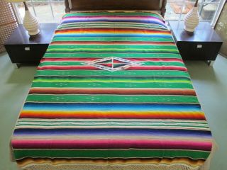 Vintage Mexican Saltillo Rainbow Serape Wool Blanket Large Eyedazzler; 85 " X 57 "