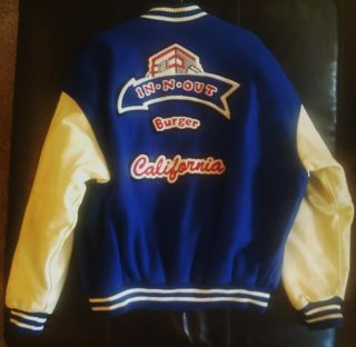Vintage In - N - Out Burger Letterman Varsity Jacket Blue W/white Leather Sleeves 2x