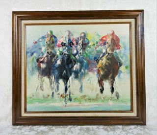 Vintage Mid Century Abstract Oil Painting Horse Racing Anthony Veccio Signed