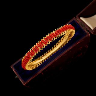 Antique Vintage Nouveau Gold Filled GF Mediterranean Red Coral Bangle Bracelet 2