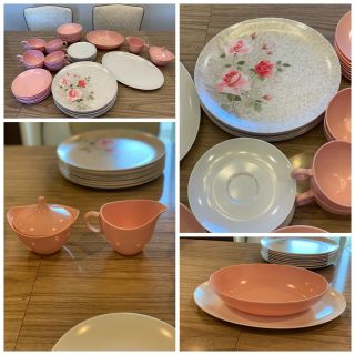 Vintage 45 - Piece Oneida Melmac/melamine Mcm Pink/white/roses Dinnerware Set Rare