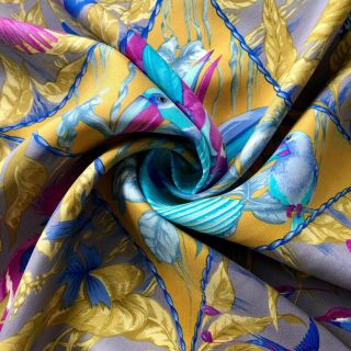 Hermès Paris Vintage Silk Scarf „tropiques“ L.  Bourthoumieux Ochre Turqoise 90
