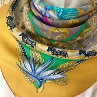 Hermès Paris Vintage Silk Scarf „Tropiques“ L.  Bourthoumieux Ochre Turqoise 90 5