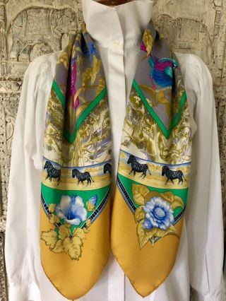 Hermès Paris Vintage Silk Scarf „Tropiques“ L.  Bourthoumieux Ochre Turqoise 90 6