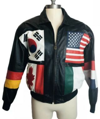 Olympic Games 1990s Vintage Men Phase 2 World Flags Leather Jacket Medium Black