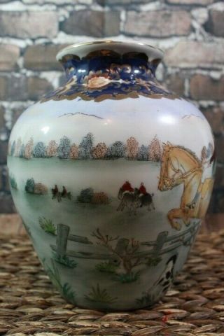 Vintage Hand Painted Ceramic Vase Fox Hound and Horsemen A20 2