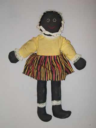 Vtg Ca 1940s Folk Art Black Sateen Cloth Rag Doll Antique 15 " Happy Girl