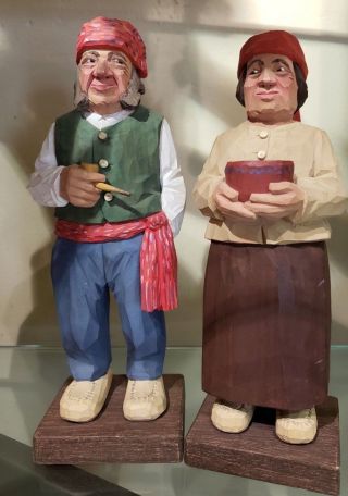 1960 " Swedish C.  O.  Trygg Signed Wood Carved Figurines French Canadian Couple