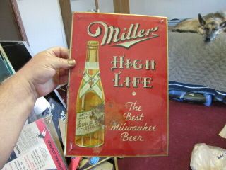 Miller High Life Beer Sign Tin On Cardboard Toc Bottle Milwaukee Vtg Bar Tavern