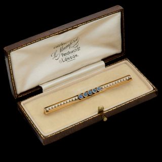 Antique Vintage Art Nouveau 14k Gold Alling & Co Sapphire Pearl Bar Pin Brooch