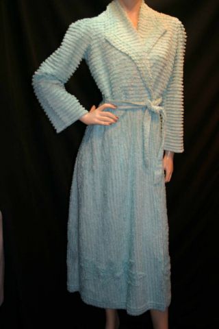 M Aqua Blue Vtg 1940s 1950s Cotton Chenille Wrap Tie Robe House Coat 40s 50s