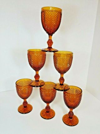 6 Vintage Amber Glass English Hobnail / Diamond Point Wine Goblets