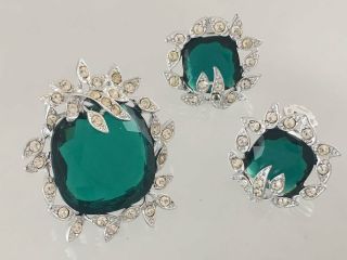 Vintage Sarah Coventry Emerald Coloured Rhinestone Brooch & Clip Earring Set