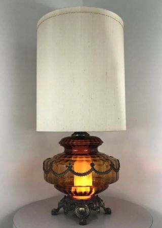 Vintage Mid Century Retro Amber Magnifying Glass Light Up Base Lamp 1972