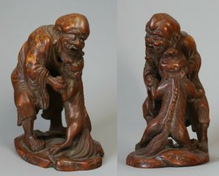Stunning 19th Century Antique Chinese Bamboo Figure Of A Man And A Lion