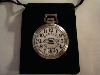Vintage 16s Pocket Watch Chevrolet Auto Theme Dial & Case Runs Well.