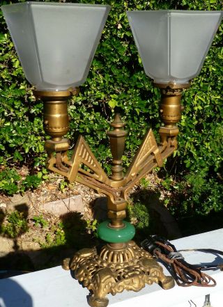 Vintage Table/desk Lamp: Art Deco: Brass & Glass: 2 Lights: 11.  0 " W X 16.  0 " T
