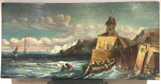 Antique Baroque Oil Painting On Wood Board " Seascape " 1600 - 1700