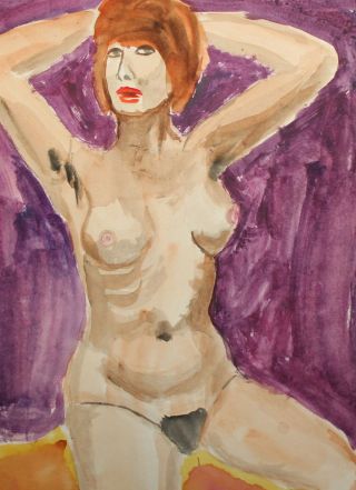 Vintage Watercolor Painting Expressionist Nude Woman Portrait